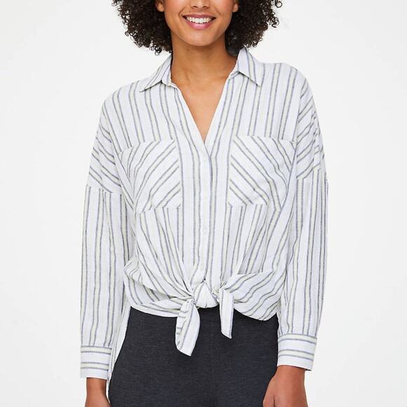 LOFT Tops - Loft White w/Green Strip Tie Front Shirt